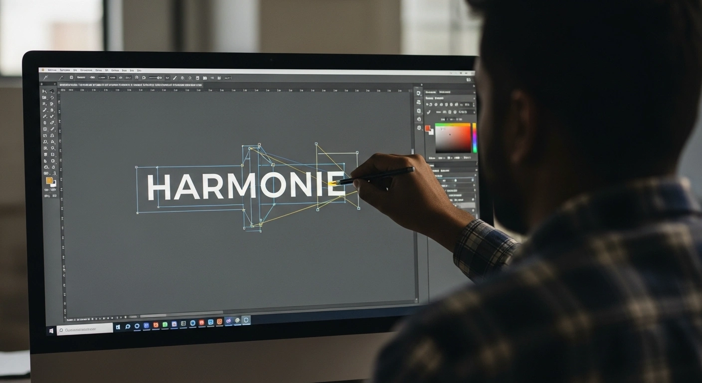 Designer graphique ajustant l'espacement des lettres d'un logo typographique sur un écran