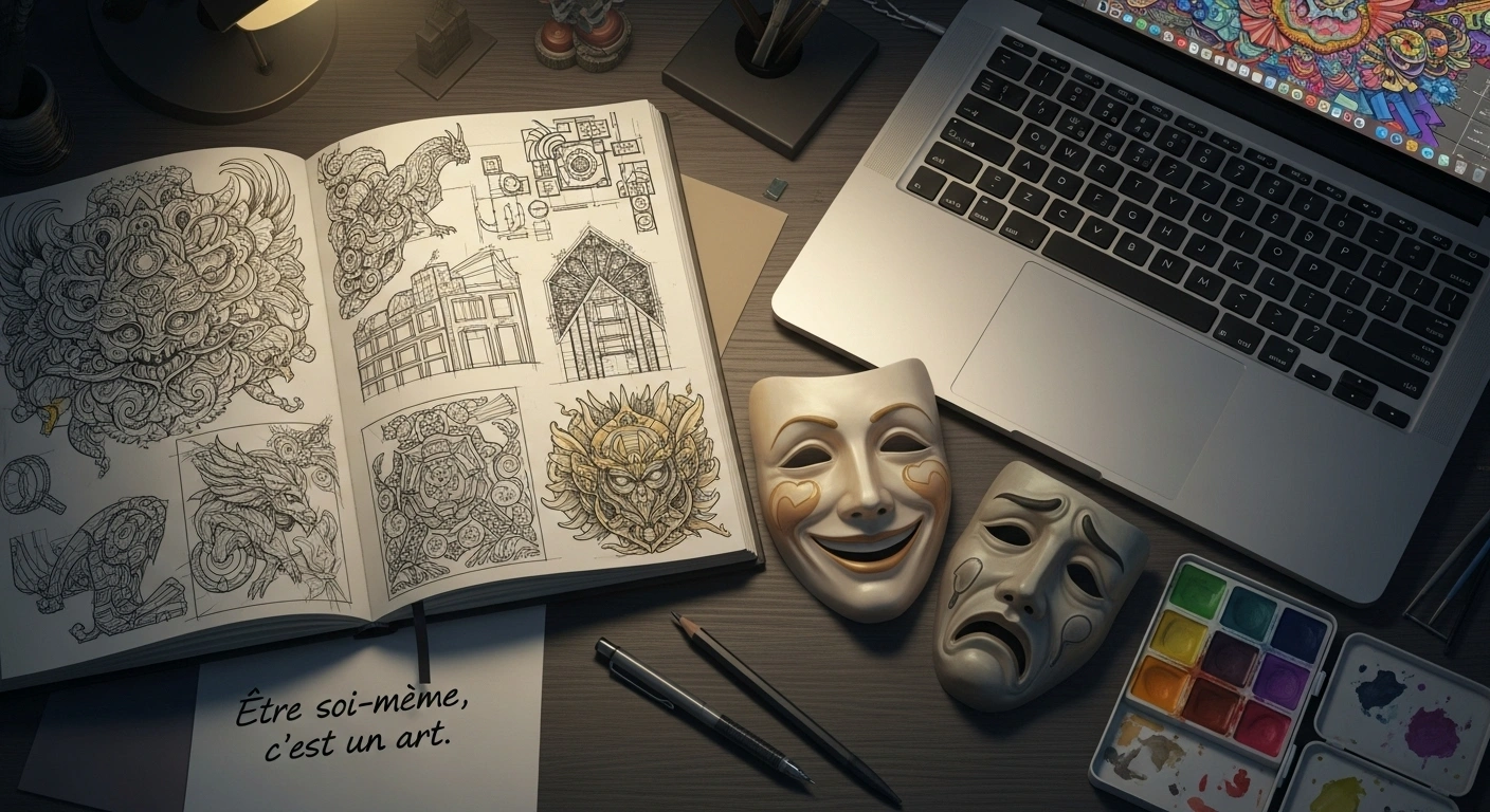 Entrepreneur devant son ordinateur, un masque posé sur son bureau, symbolisant la peur d'être démasqué et le syndrome de l'imposteur.