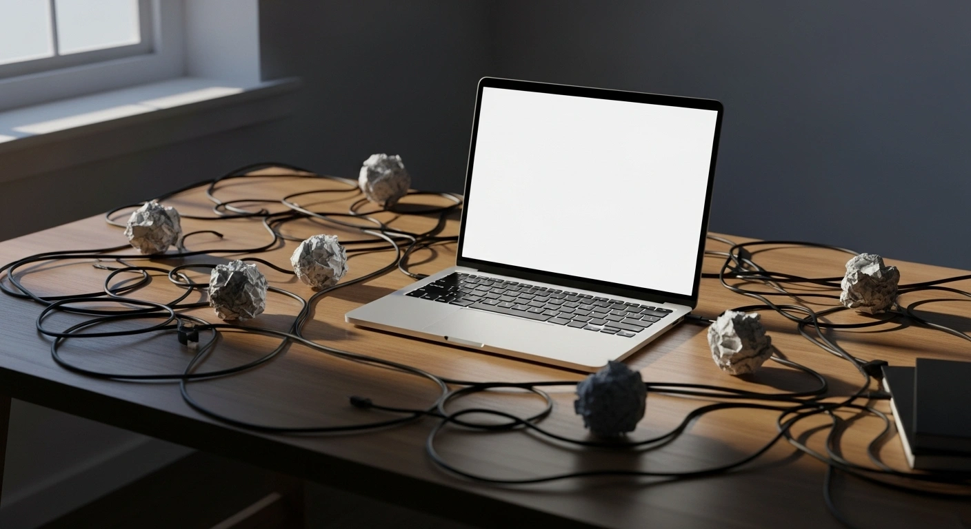 Entrepreneur pensif et frustré devant son ordinateur portable, symbolisant le blocage