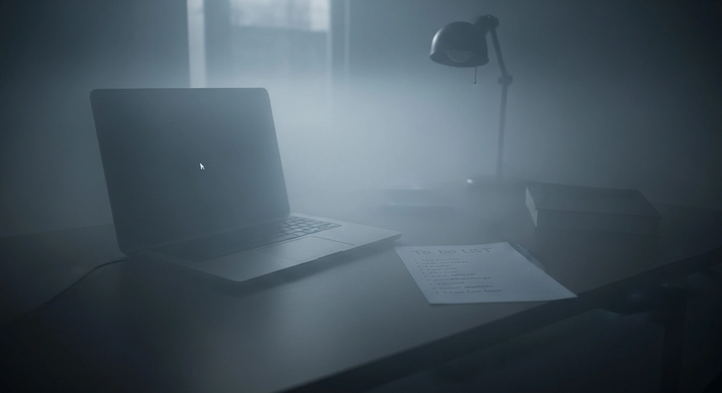 Entrepreneur stressé se tenant la tête devant son ordinateur, symbolisant le blocage mental et le piège de la productivité.