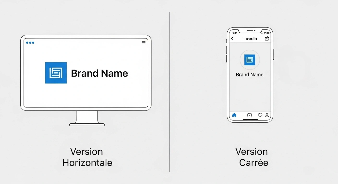 Exemples de versions de logo : horizontale pour un site web et carrée pour un profil de réseau social