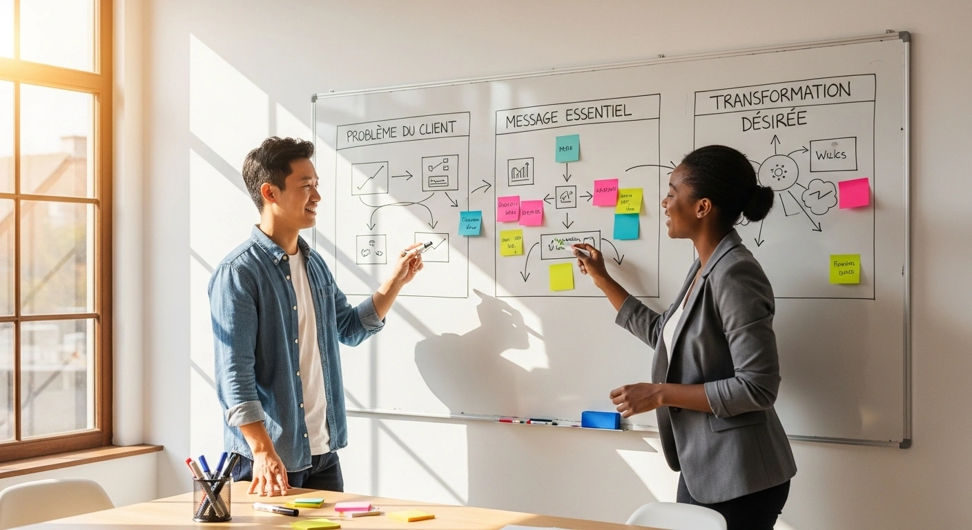 Wireframe structuré et plan d'un site web symbolisant une approche 'message-first'.