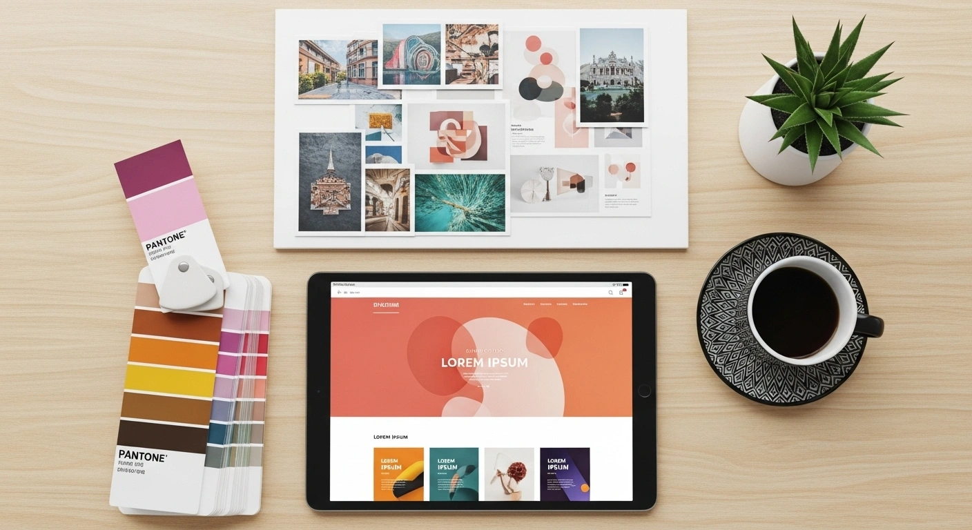 Moodboard coloré et artistique symbolisant une approche 'design-first'.