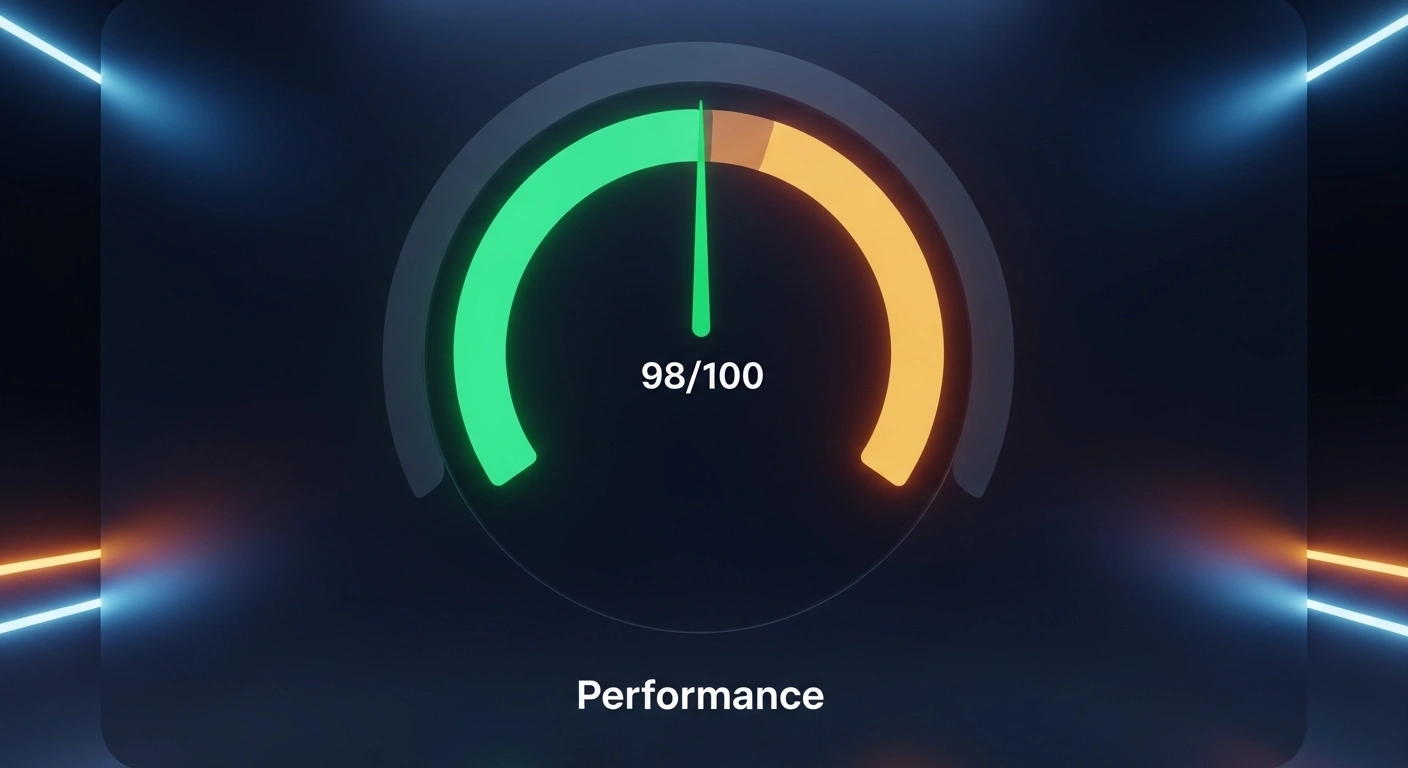 Speed test d'un site web montrant une aiguille dans le vert avec un score de performance élevé, symbolisant un site ultra-rapide.