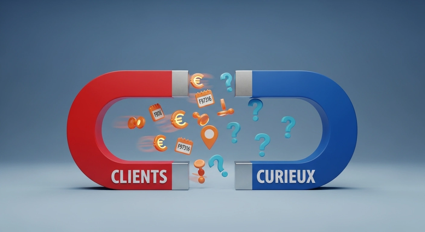 Aimant attirant d'un côté des clients symbolisés par des icônes euro, et de l'autre des curieux avec des points d'interrogation