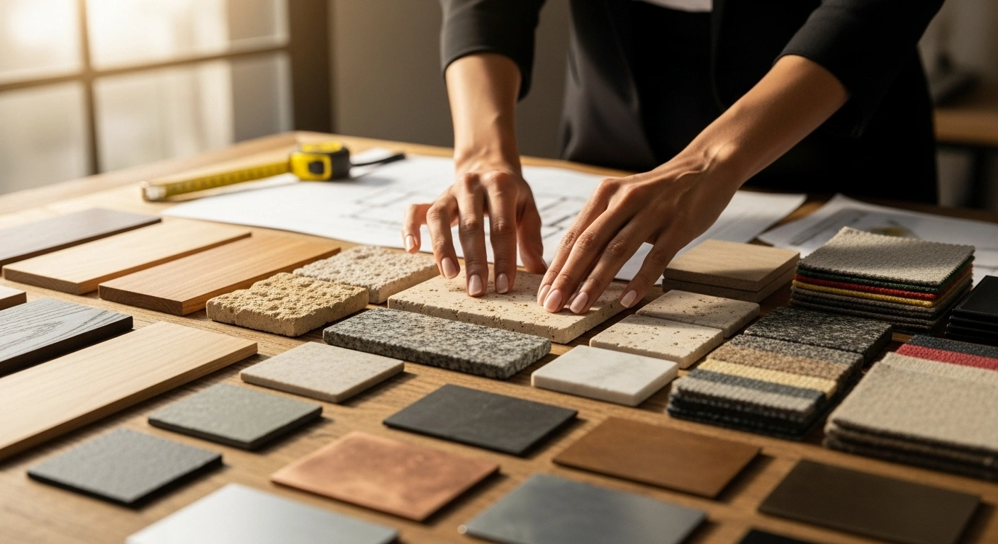 Architecte choisissant des matériaux dans une matériauthèque bien organisée, symbolisant un système de design cohérent.
