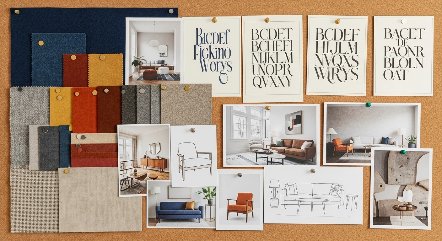 Plan d'architecte d'intérieur avec des échantillons de couleurs et de matériaux, illustrant la création d'une charte de design sur-mesure.