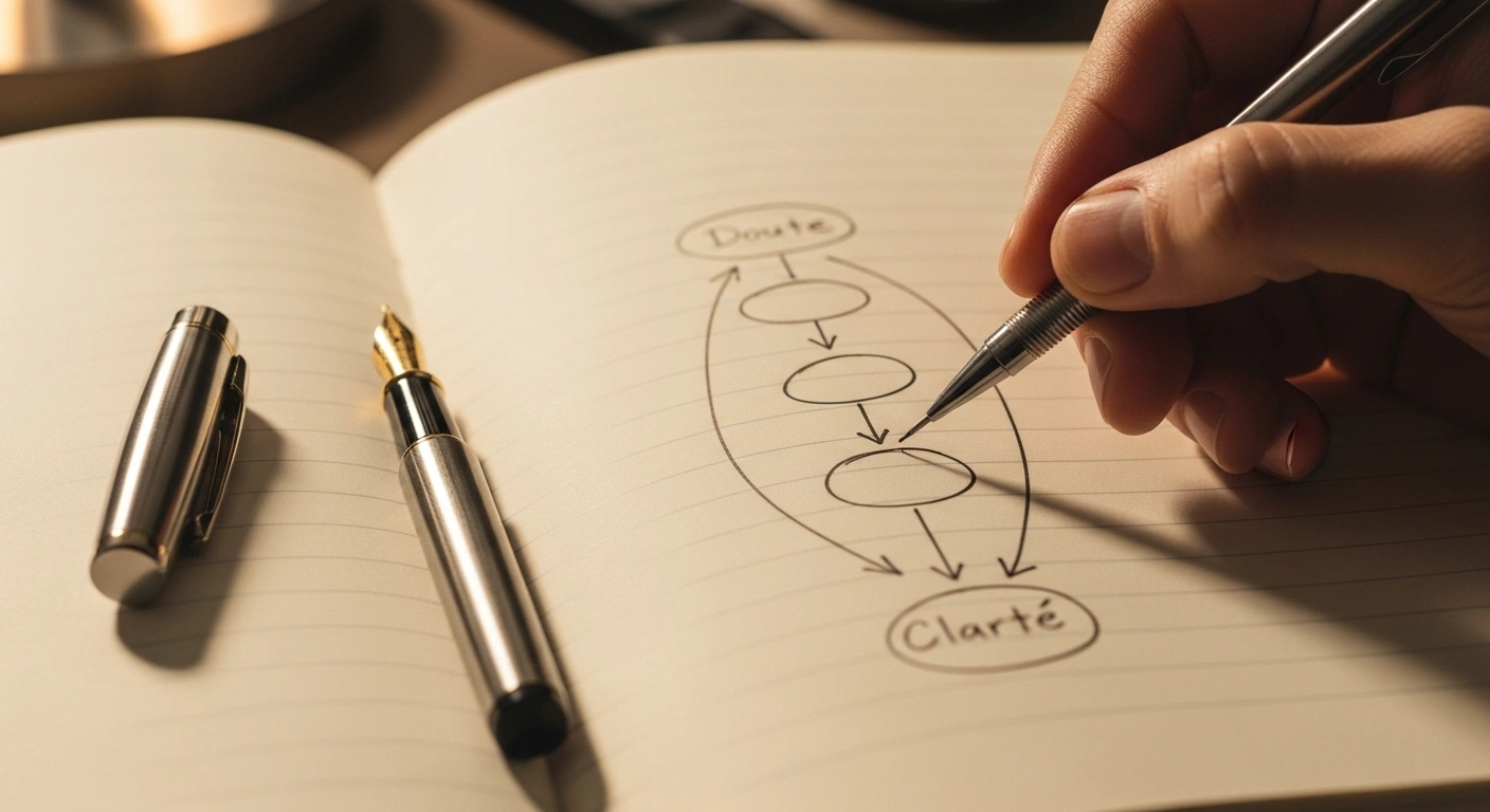 Main dessinant un plan clair sur un carnet, symbolisant l'architecte de la transformation.