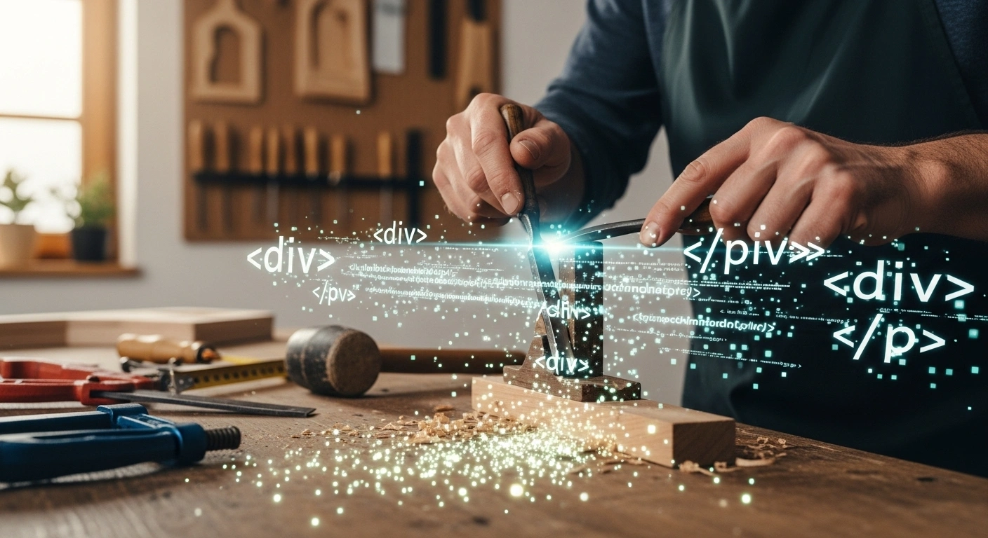 Mains d'un ébéniste travaillant le bois avec précision, symbolisant l'artisanat digital.