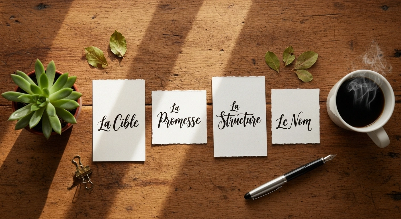 Assemblage de différents éléments sur un bureau, symbolisant les ingrédients d'une offre signature.