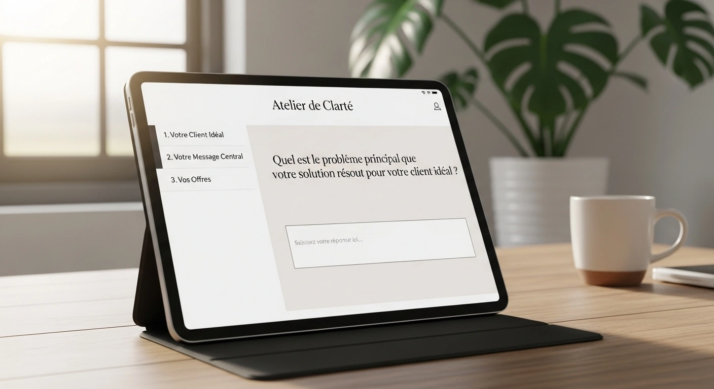 Mockup de l'Atelier de Clarté, un guide interactif pour simplifier la création de contenu pour un site web.
