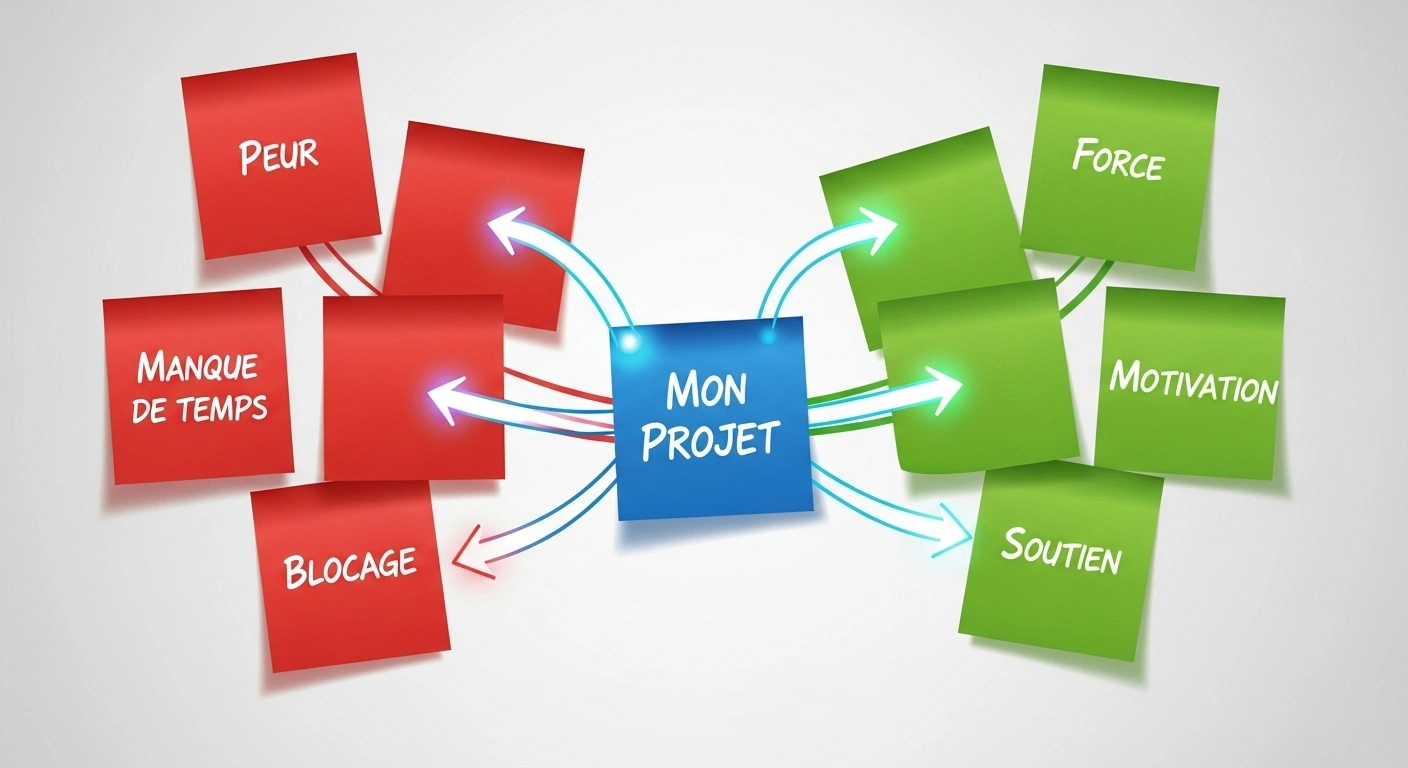 Une feuille de route visuelle sur un tableau blanc virtuel, avec des colonnes pour les objectifs et les étapes.