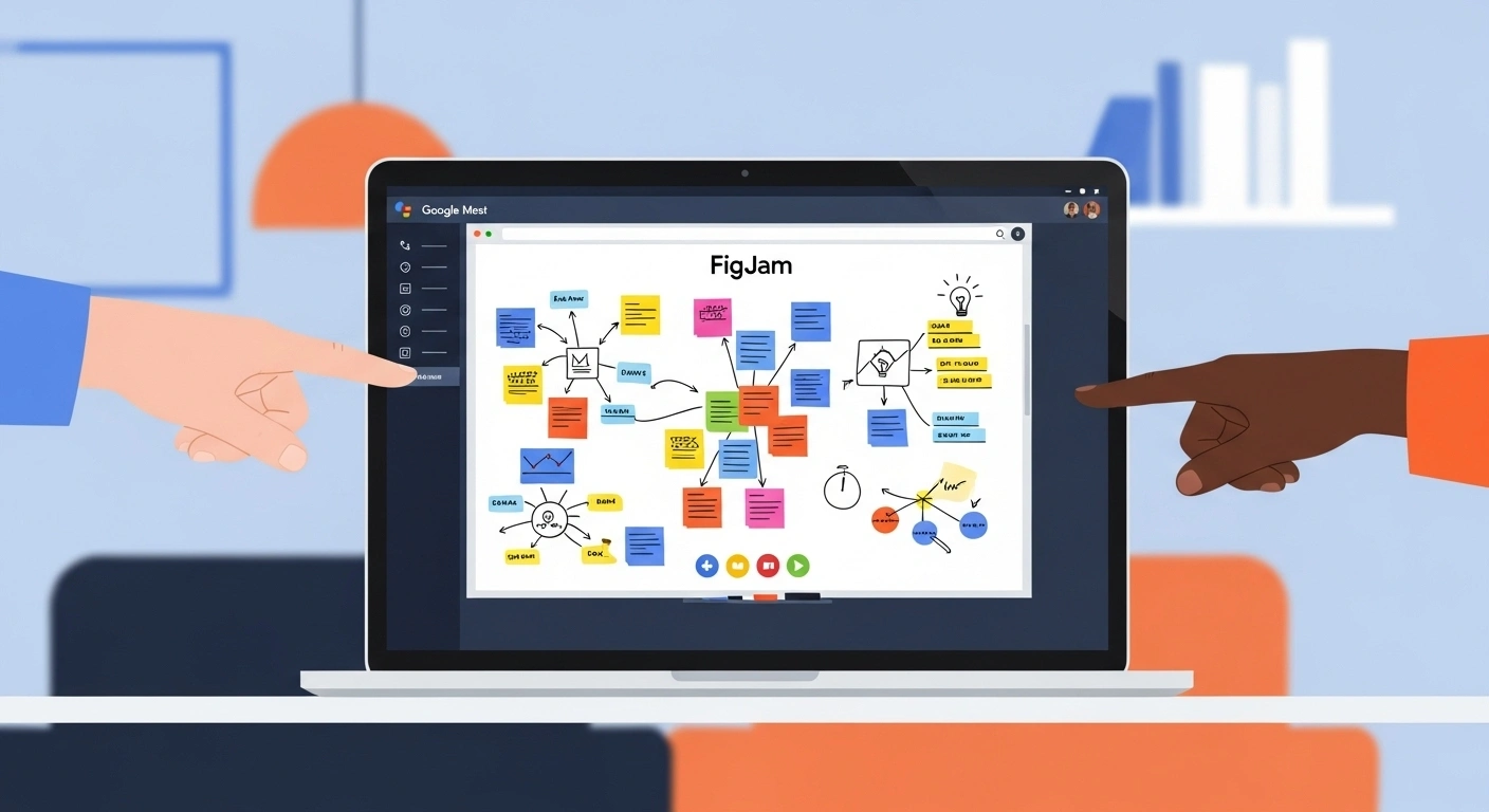 Interface Google Meet montrant un tableau blanc virtuel collaboratif à la place d'un partage d'écran classique.