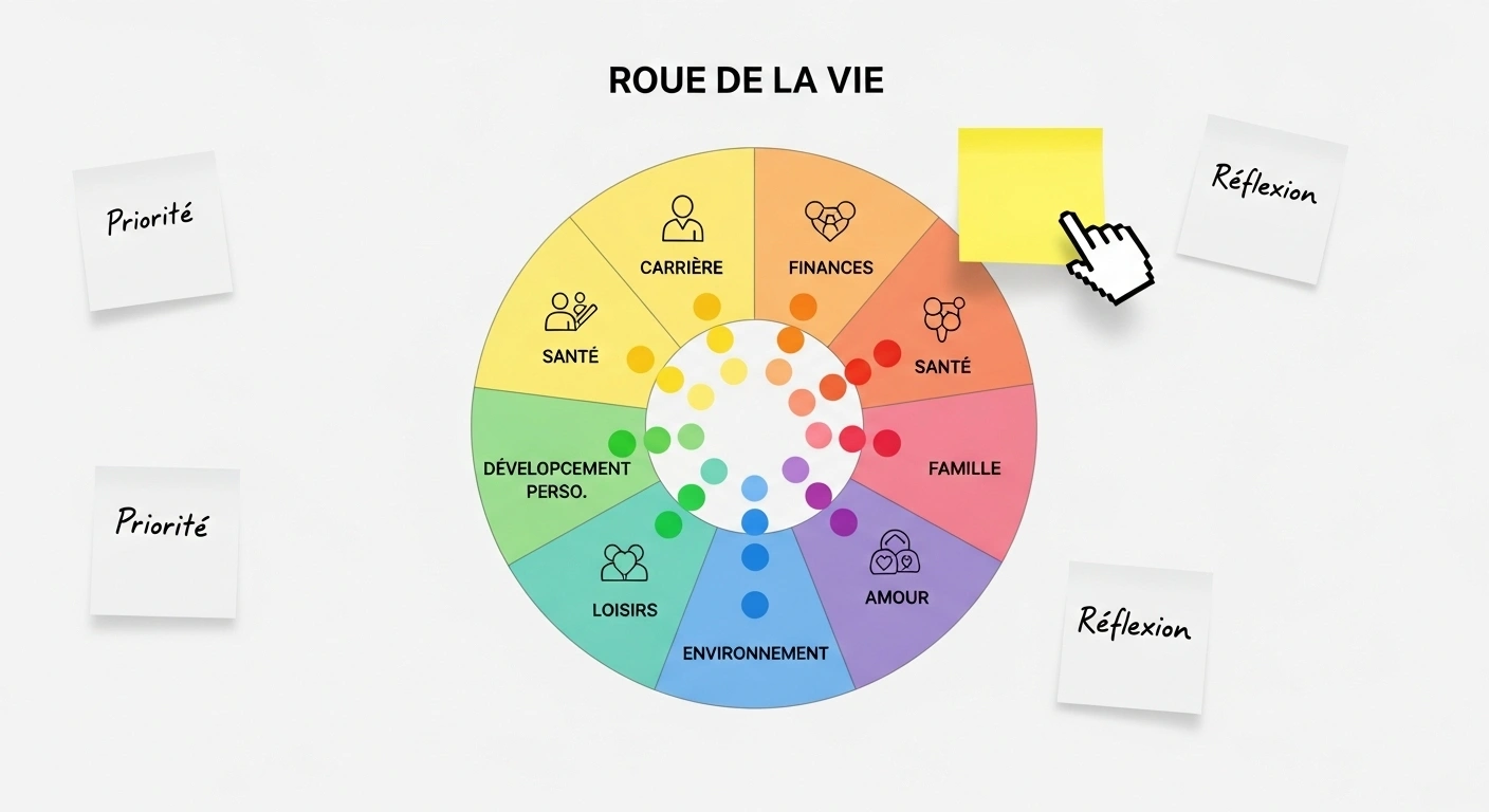 Tableau blanc virtuel FigJam montrant une 'Roue de la Vie' interactive avec des post-it colorés.