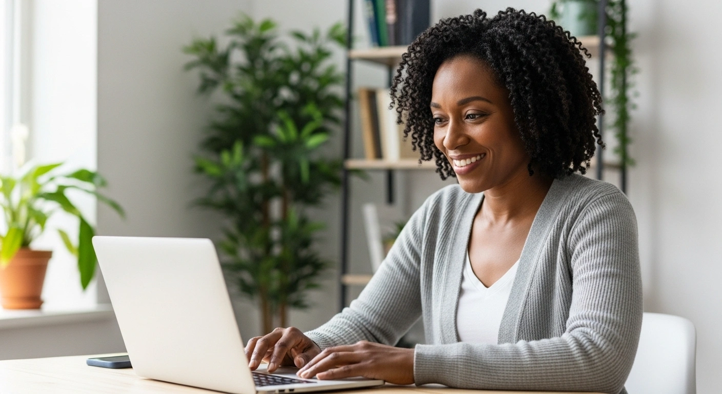 Une personne souriant devant son ordinateur, symbolisant l'automatisation au service d'une connexion humaine authentique.
