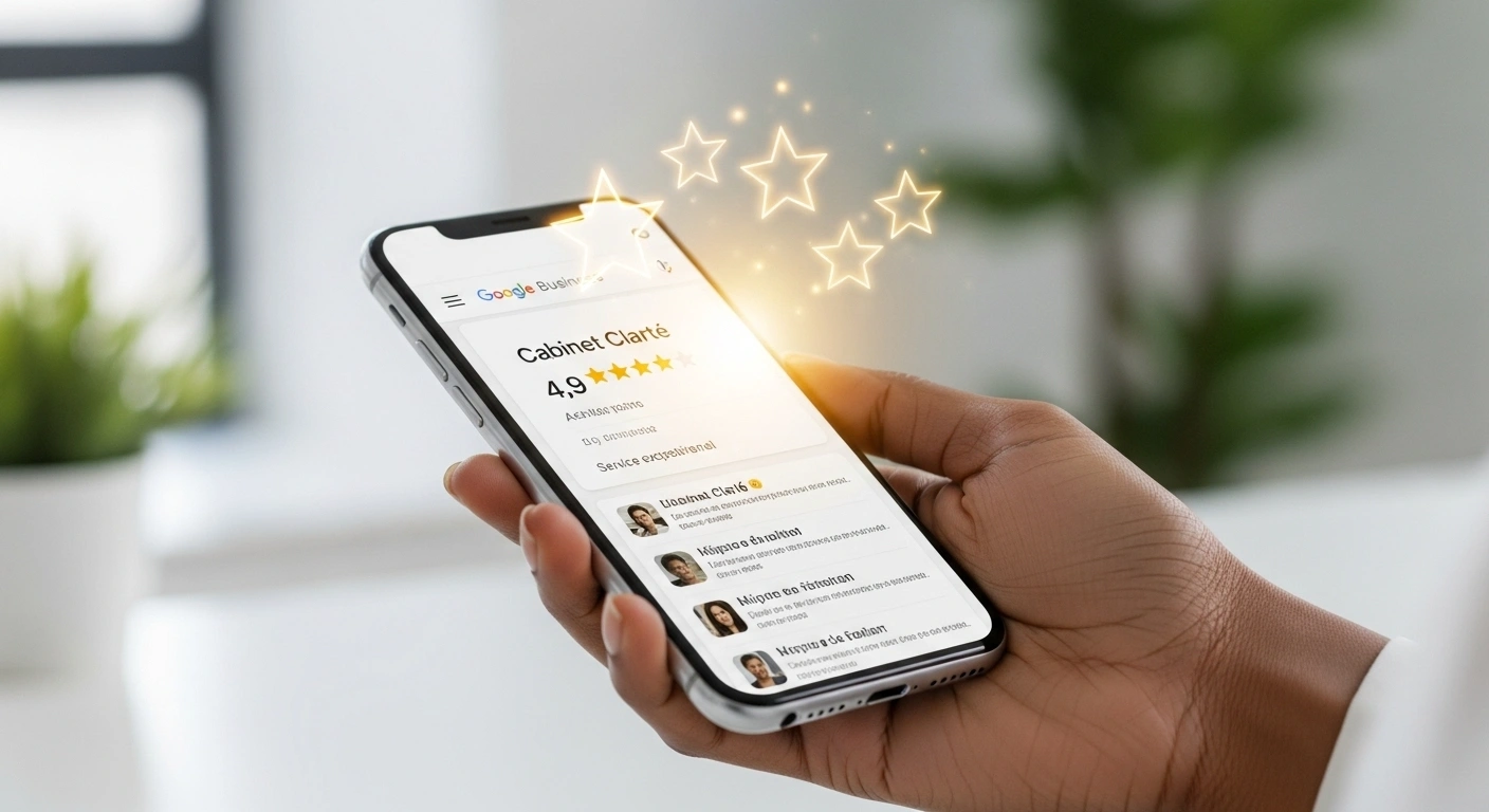 Smartphone affichant une note de 5 étoiles brillantes pour une entreprise locale