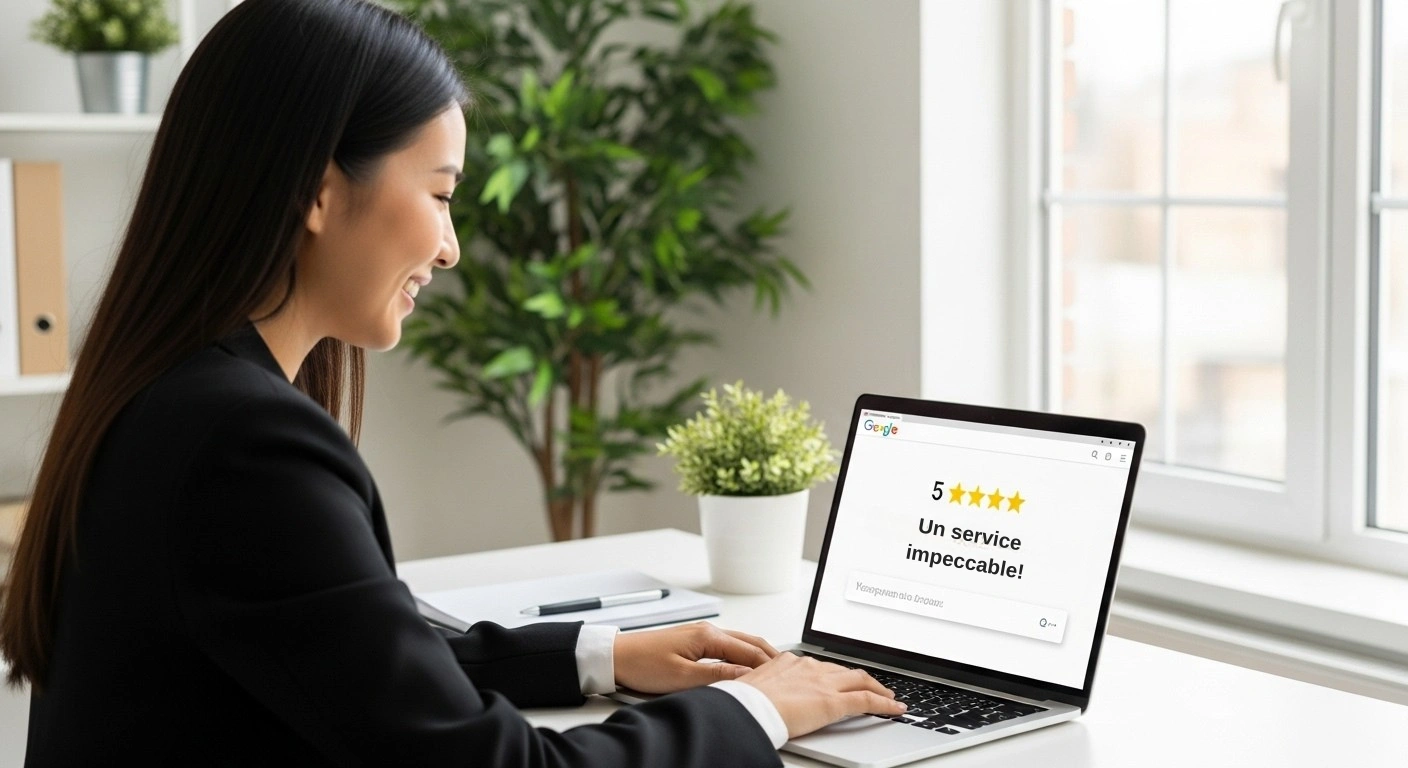 Personne souriante répondant à un avis 5 étoiles sur son ordinateur.