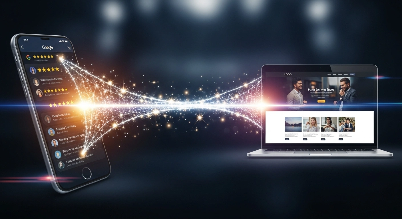 Personne consultant des avis 5 étoiles sur un smartphone, avec une flèche pointant vers un site web professionnel sur un ordinateur, illustrant le renforcement de l'autorité.