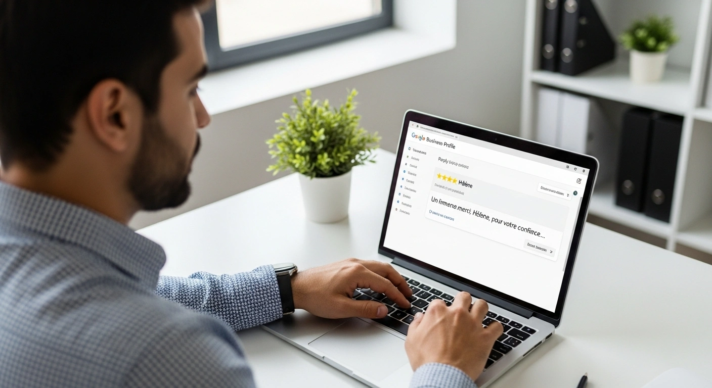Personne répondant de manière professionnelle à un avis client sur un ordinateur portable