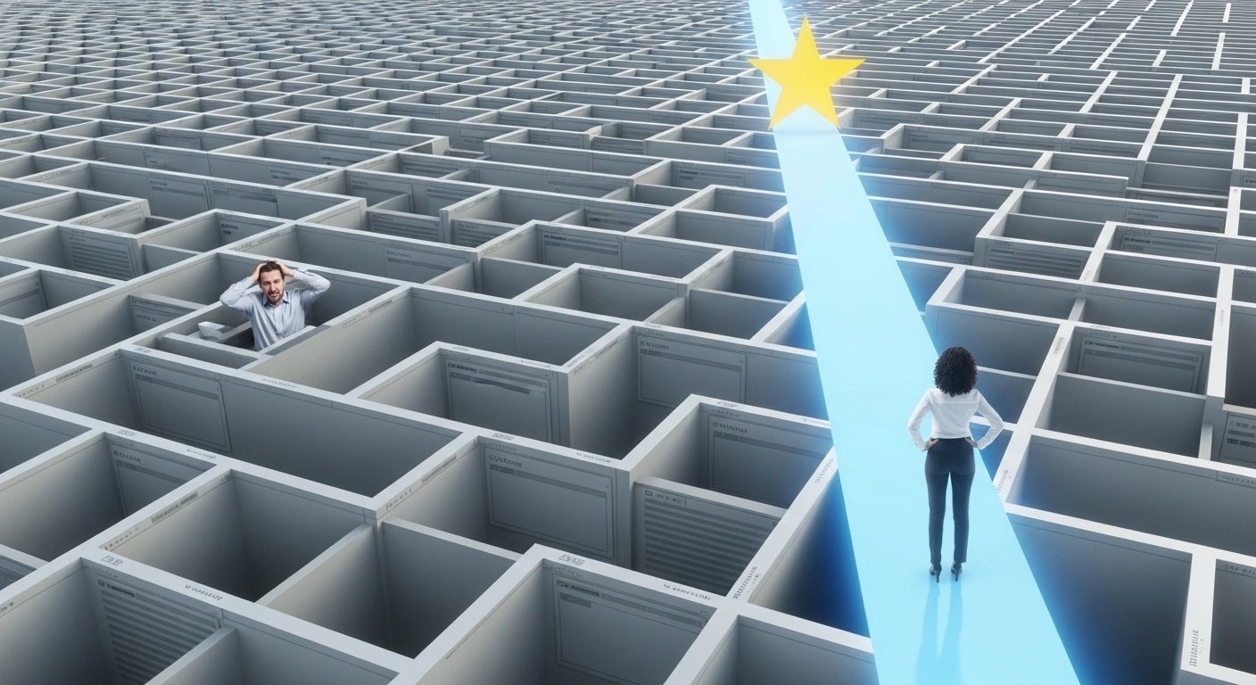 Balance déséquilibrée montrant un cerveau lumineux (stratégie) pesant plus lourd qu'une pile de pages de papier.