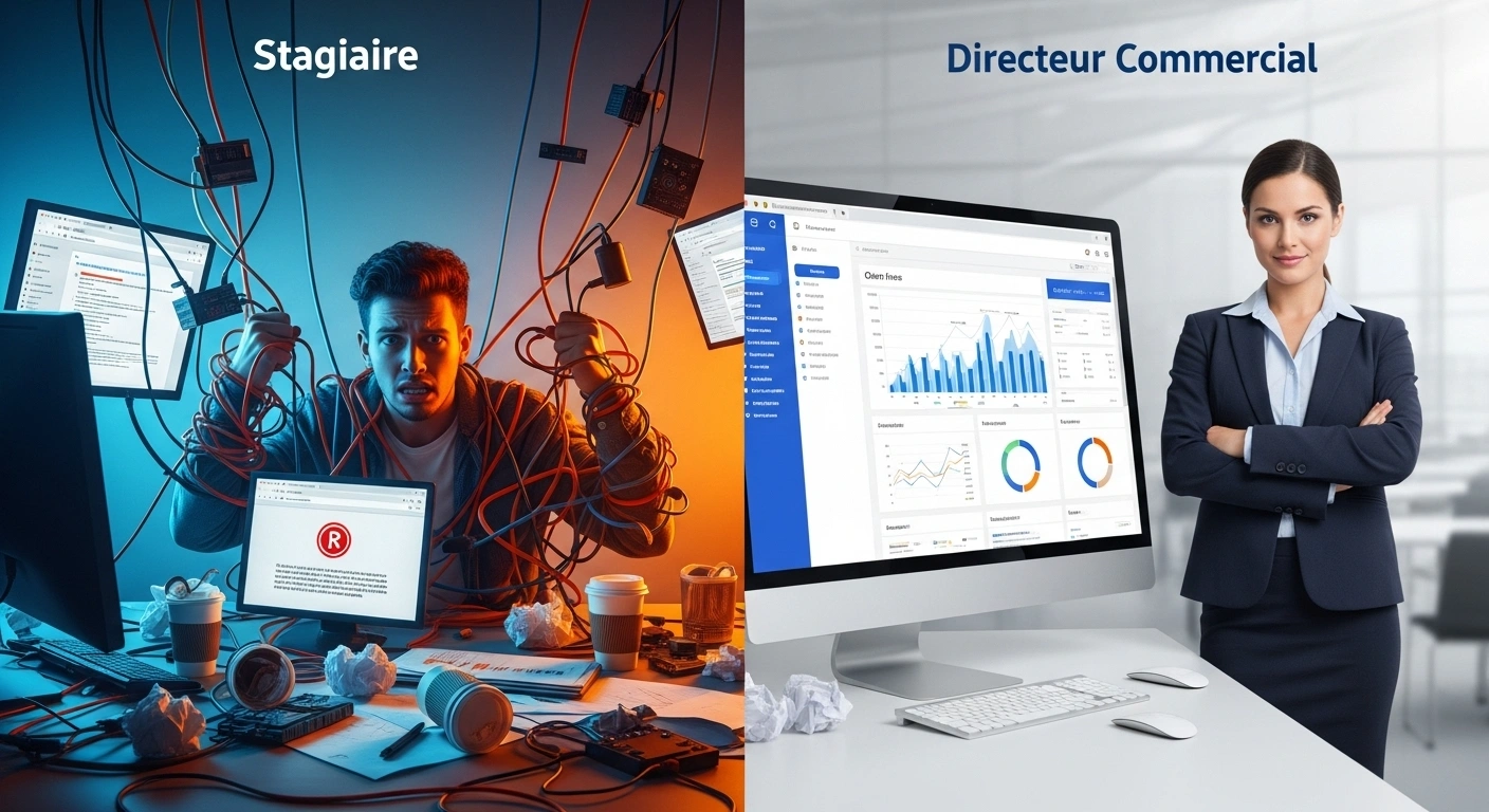 Comparaison humoristique entre un stagiaire dépassé et un directeur commercial confiant, symbolisant la performance d'un site web.