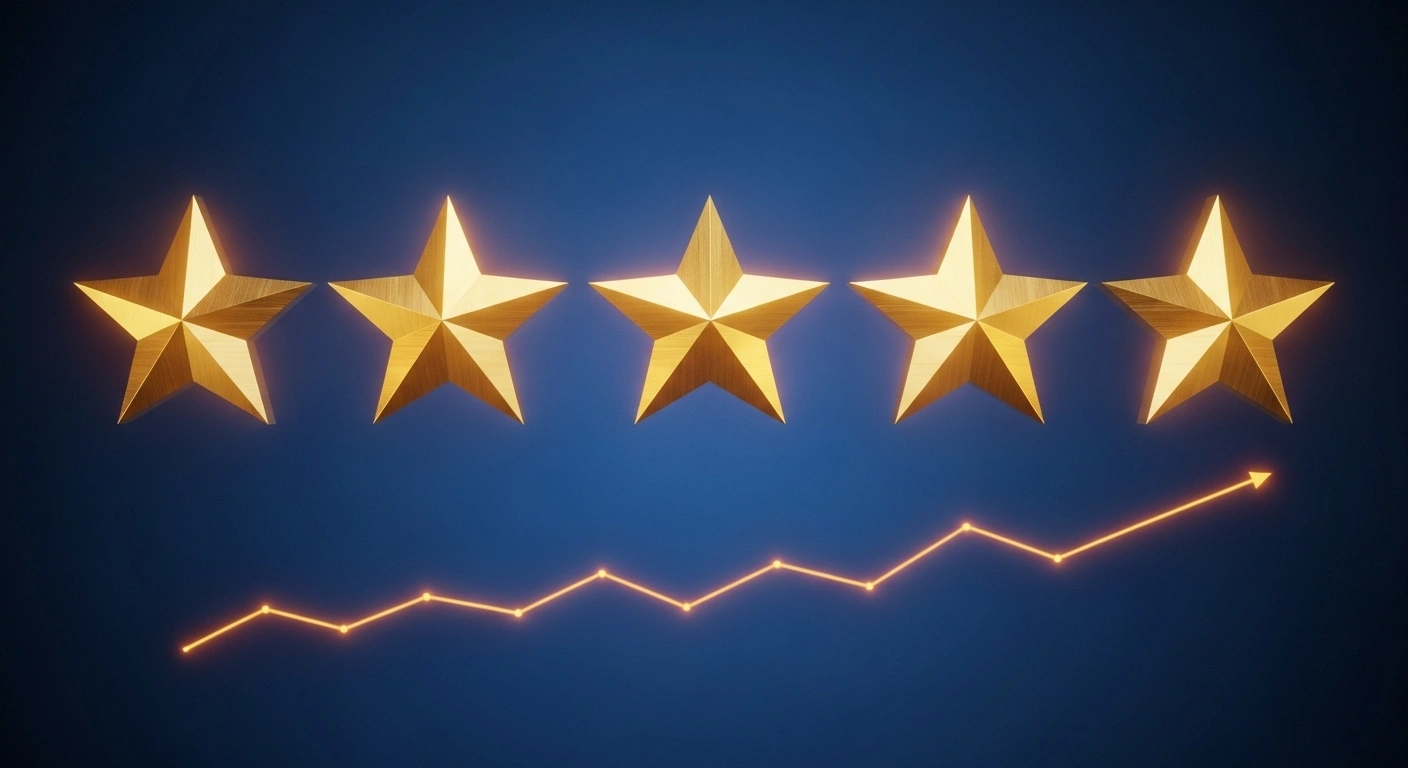 Une main pointant vers cinq étoiles dorées, représentant la preuve sociale et les témoignages clients.