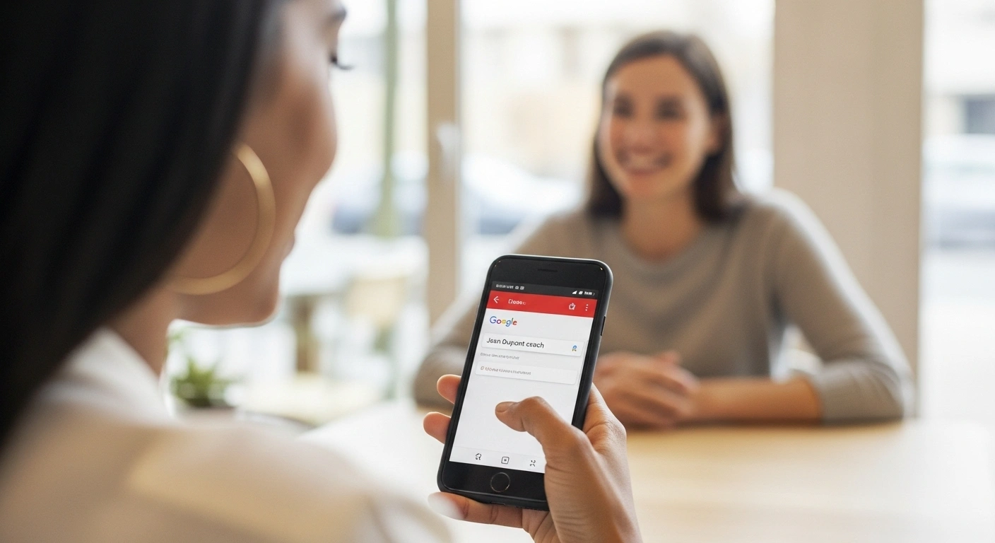 Deux personnes discutant, une bulle de dialogue se transforme en flèche pointant vers un site web professionnel.