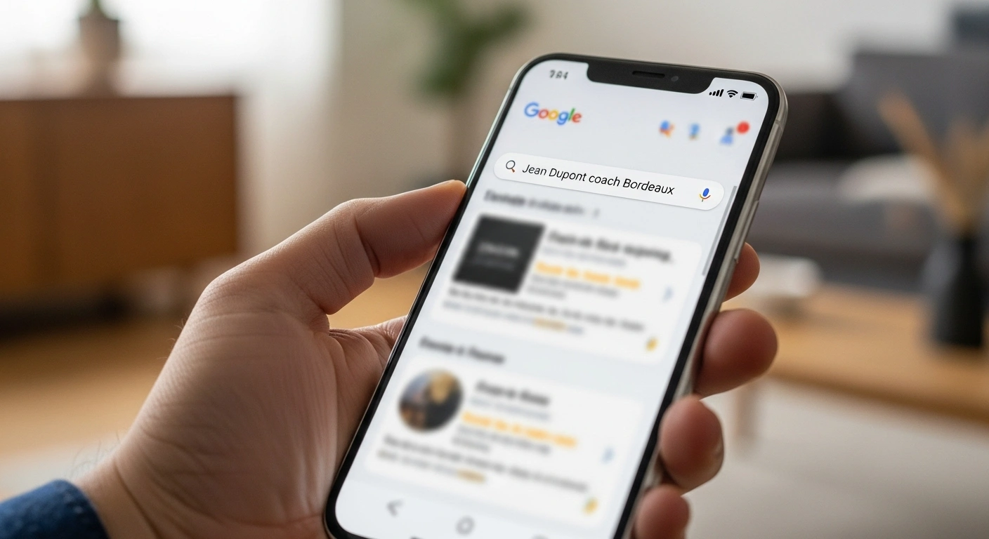 Smartphone affichant une recherche Google pour un nom de professionnel.