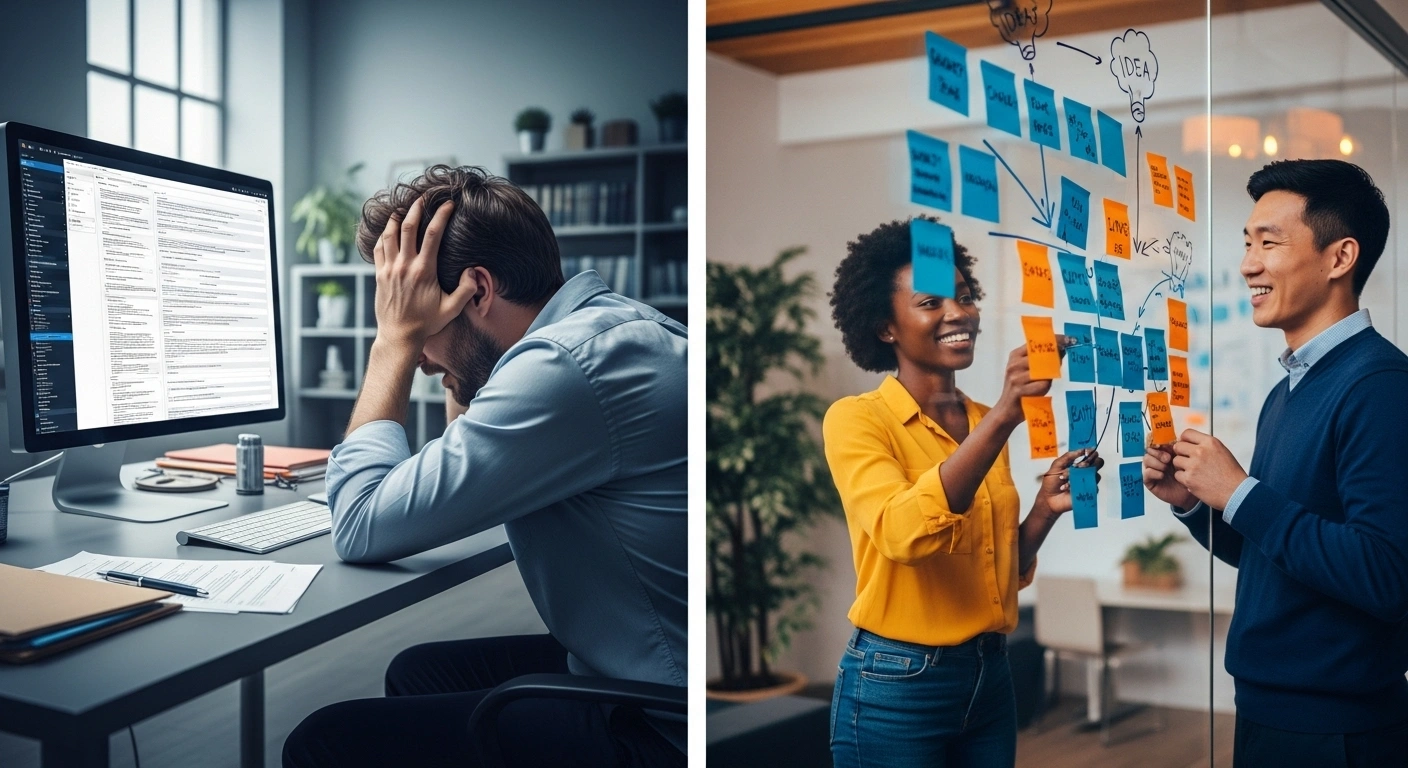 Comparaison entre un briefing client passif et un atelier de clarté collaboratif