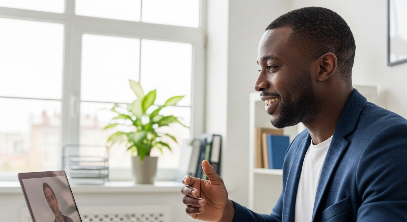 Une thérapeute souriante en consultation vidéo, créant un lien de confiance.