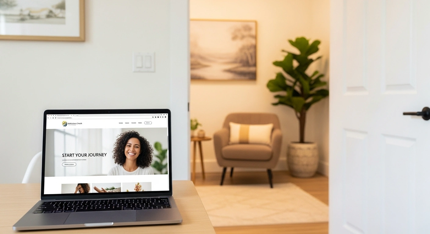Écran d'ordinateur affichant un site web accueillant à côté d'une porte de cabinet entrouverte