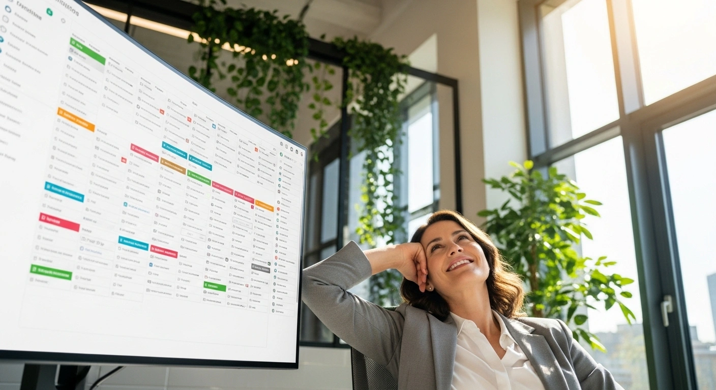 Coach consultant souriant devant son ordinateur, avec un calendrier clair et organisé