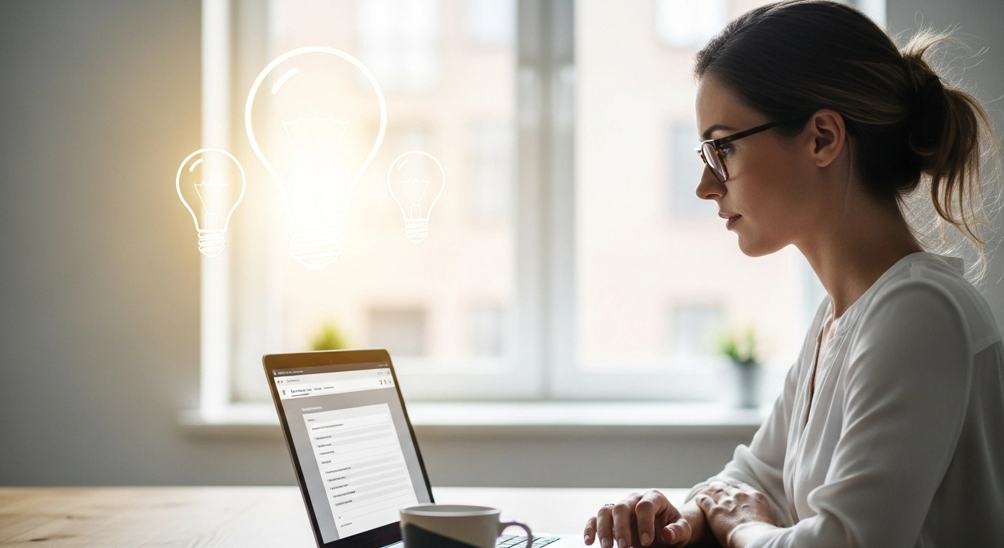 Personne remplissant un questionnaire en ligne, avec des ampoules d'idées s'allumant au-dessus de sa tête.