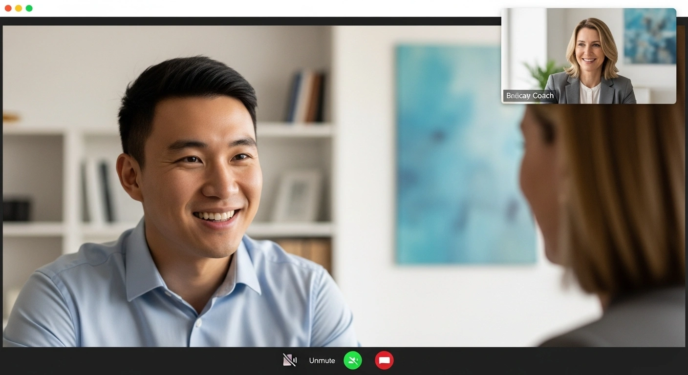 Coach et client ayant une séance productive et souriante, symbolisant un résultat positif.