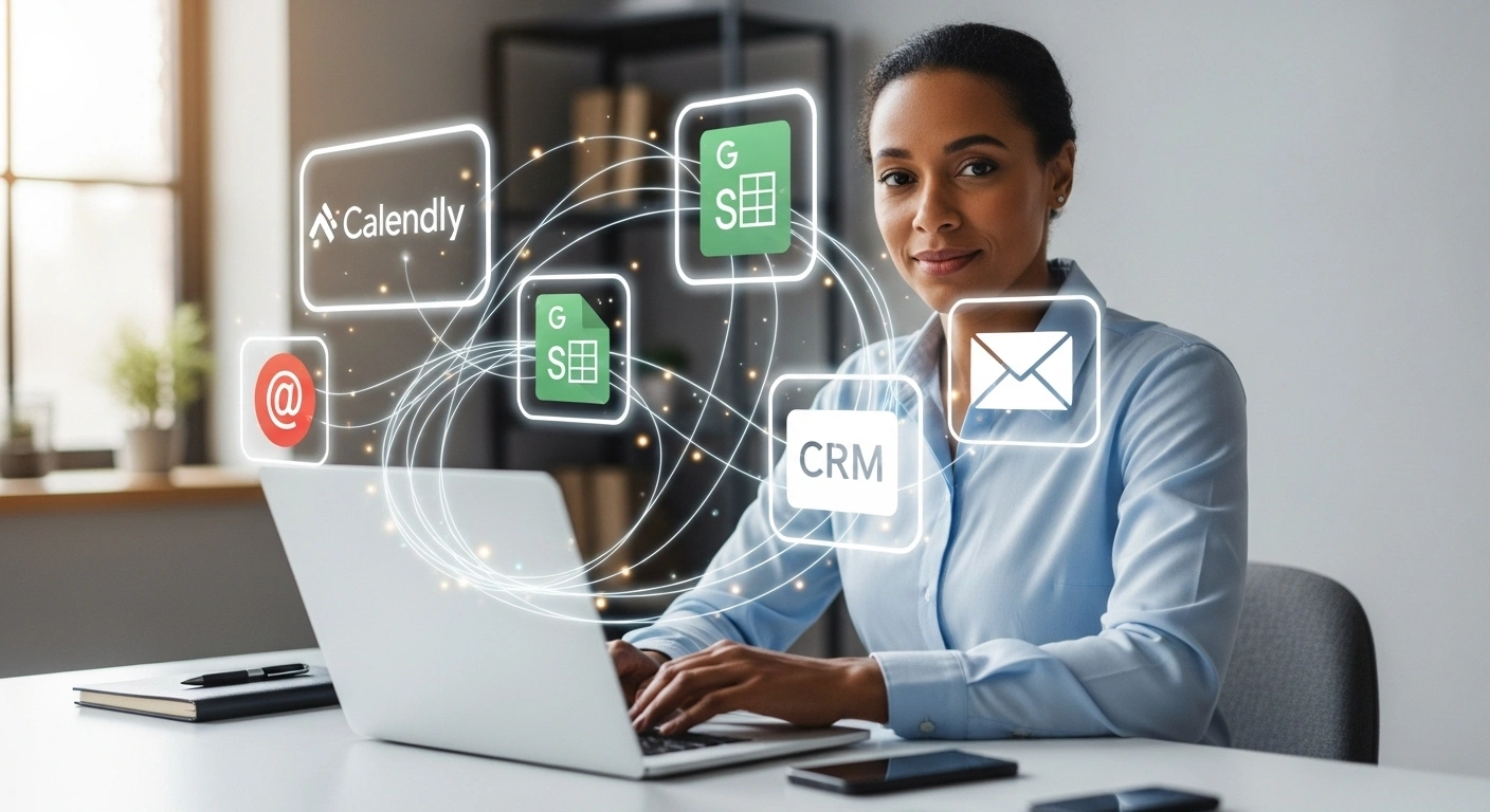 Schéma d'un flux de travail automatisé connectant Calendly à un CRM et d'autres outils marketing