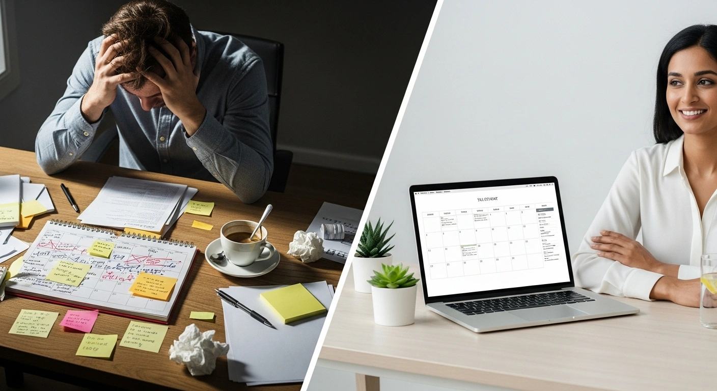 Agenda papier chaotique à côté d'un calendrier en ligne Calendly clair et ordonné