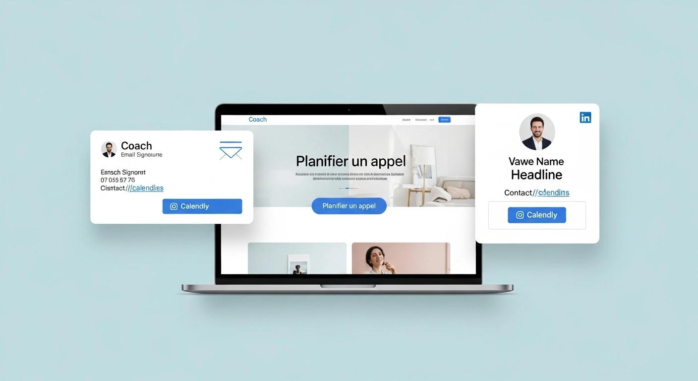 Exemples d'intégration d'un lien Calendly sur un site web, une signature d'email et un profil LinkedIn