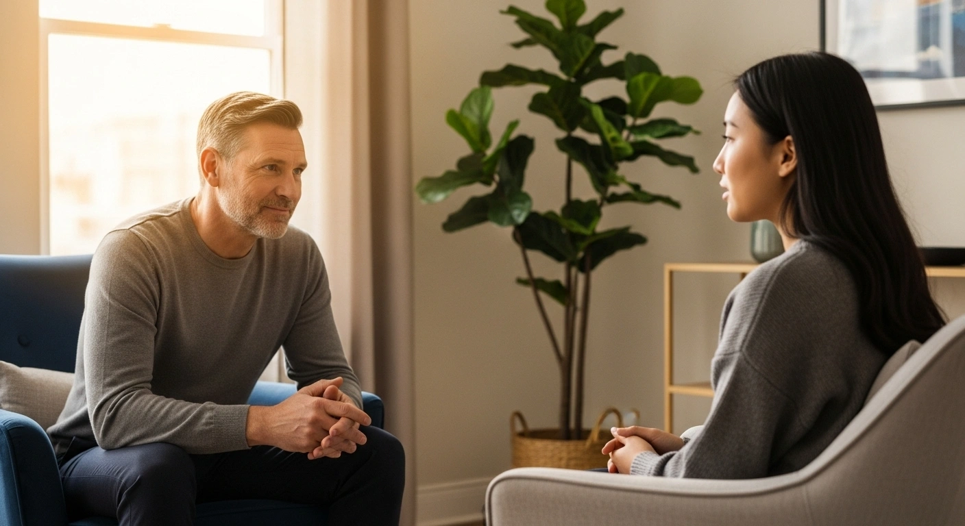 Thérapeute en séance avec un client, l'ambiance est sereine et concentrée