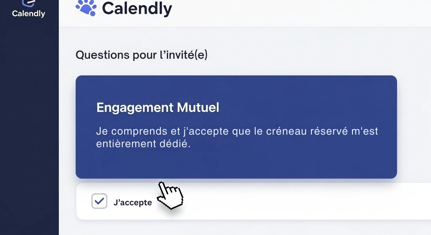 Interface de Calendly montrant comment ajouter une question obligatoire pour la politique d'annulation