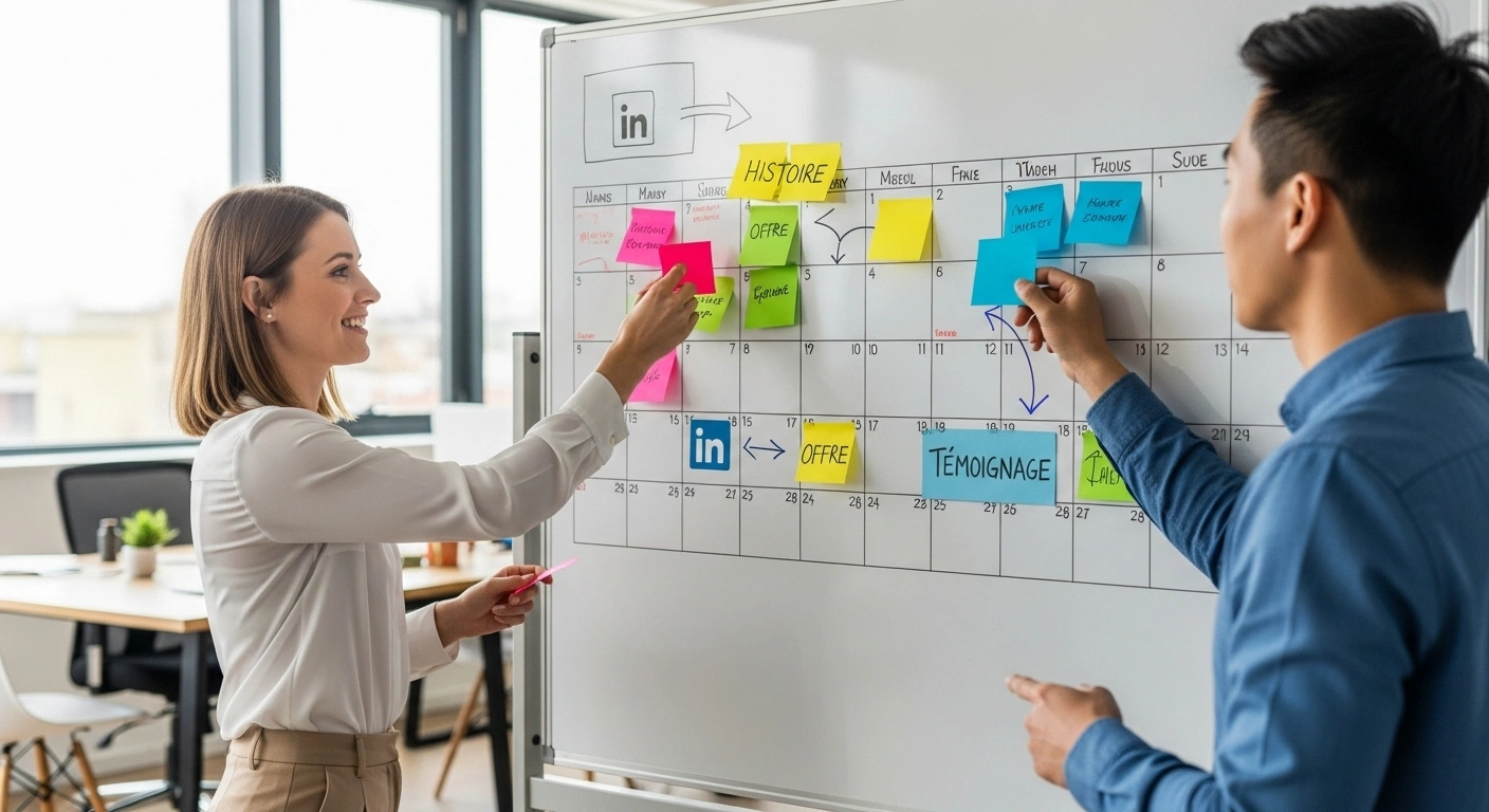 Exemple d'un calendrier de contenu pour LinkedIn, montrant comment recycler le contenu d'un site web.