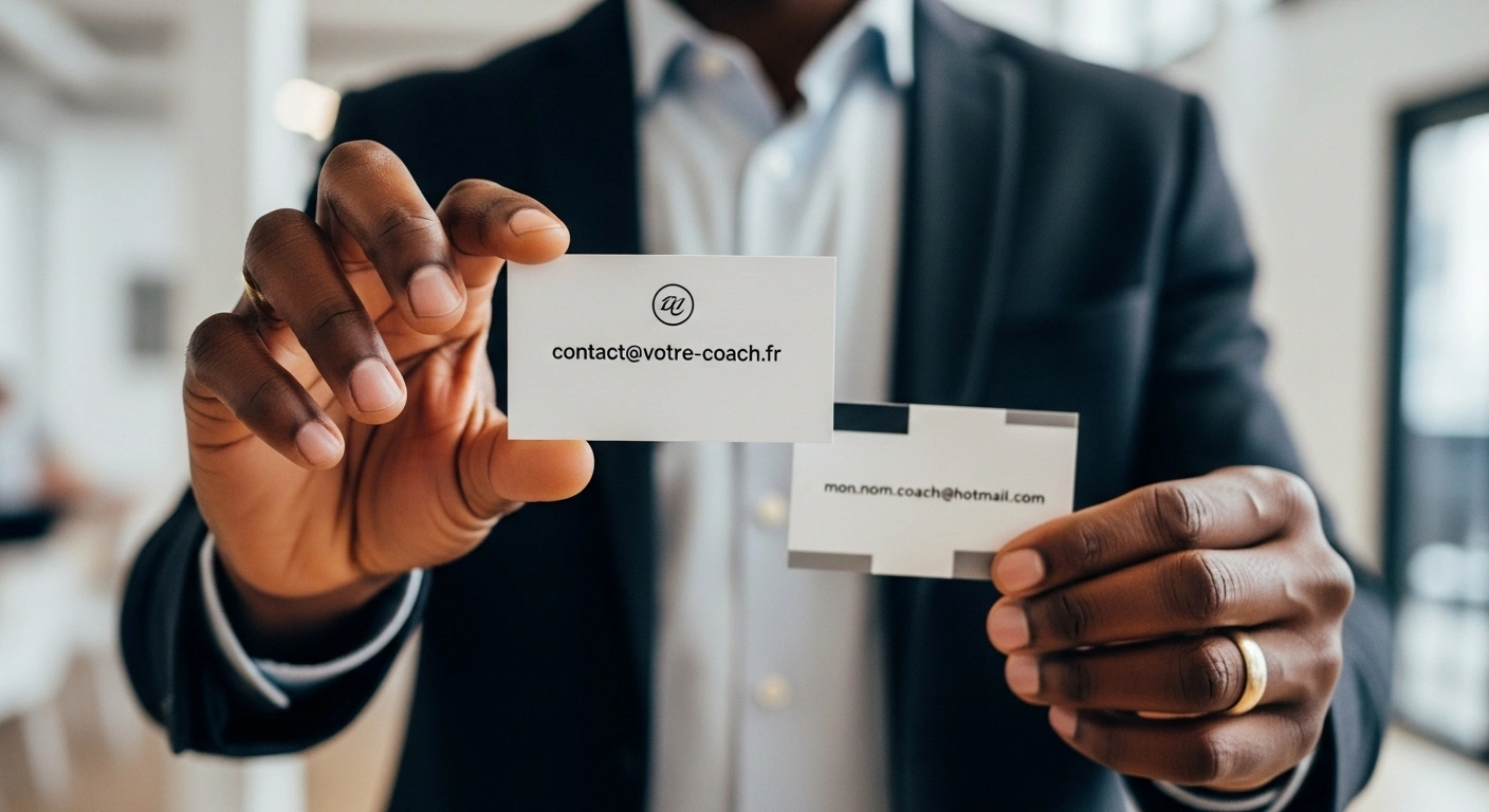 Comparaison entre une carte de visite avec une adresse gmail et une autre avec une adresse email professionnelle.