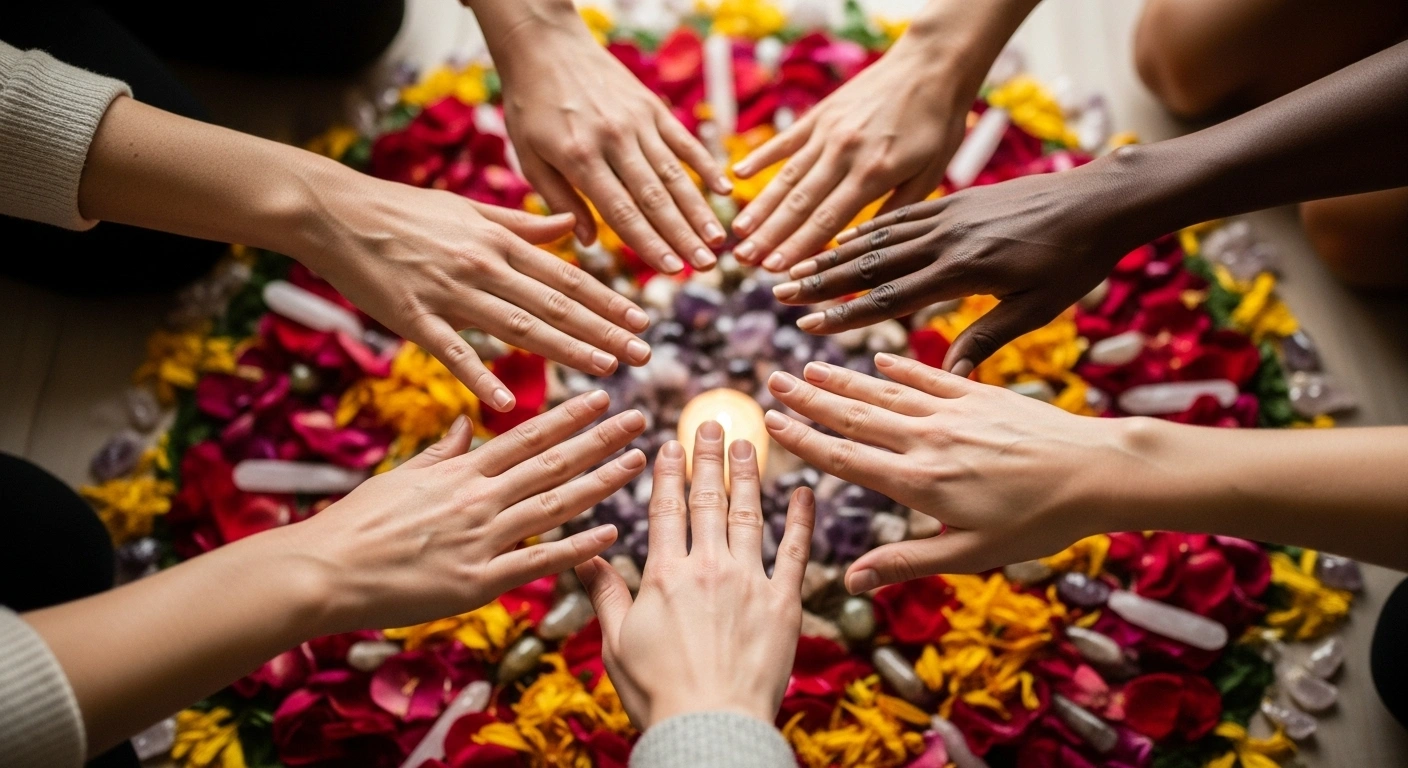 Cercle de bougies allumées au centre d'une pièce, symbolisant un espace sacré et communautaire.