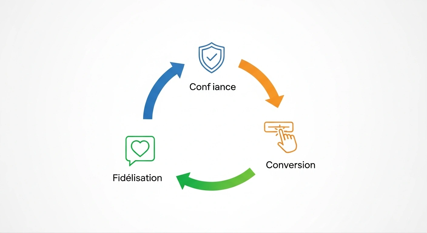 Diagramme illustrant le cercle vertueux de la croissance : Confiance, Conversion, Fidélisation.
