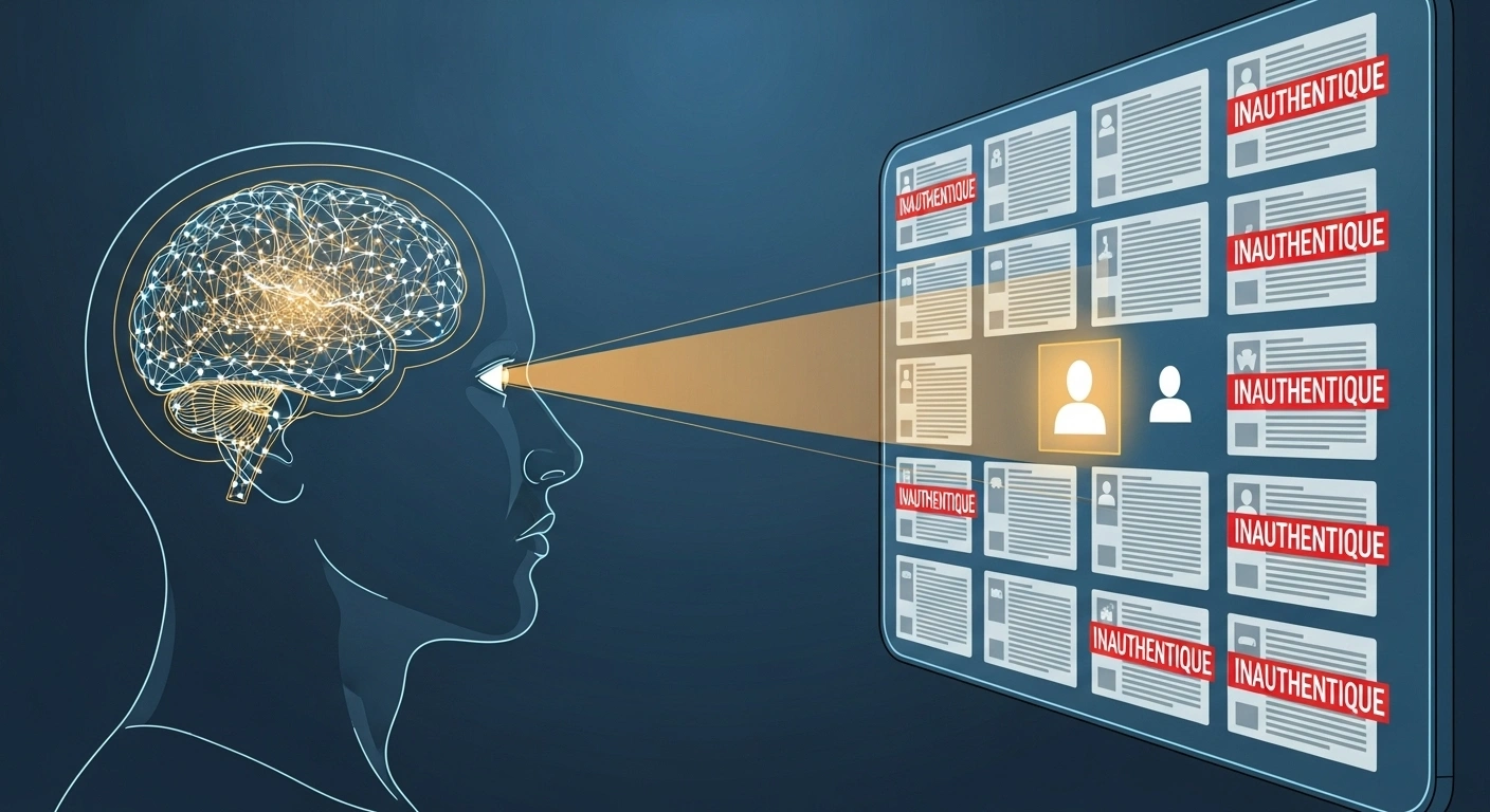 Cerveau humain analysant du contenu digital avec un détecteur d'authenticité lumineux