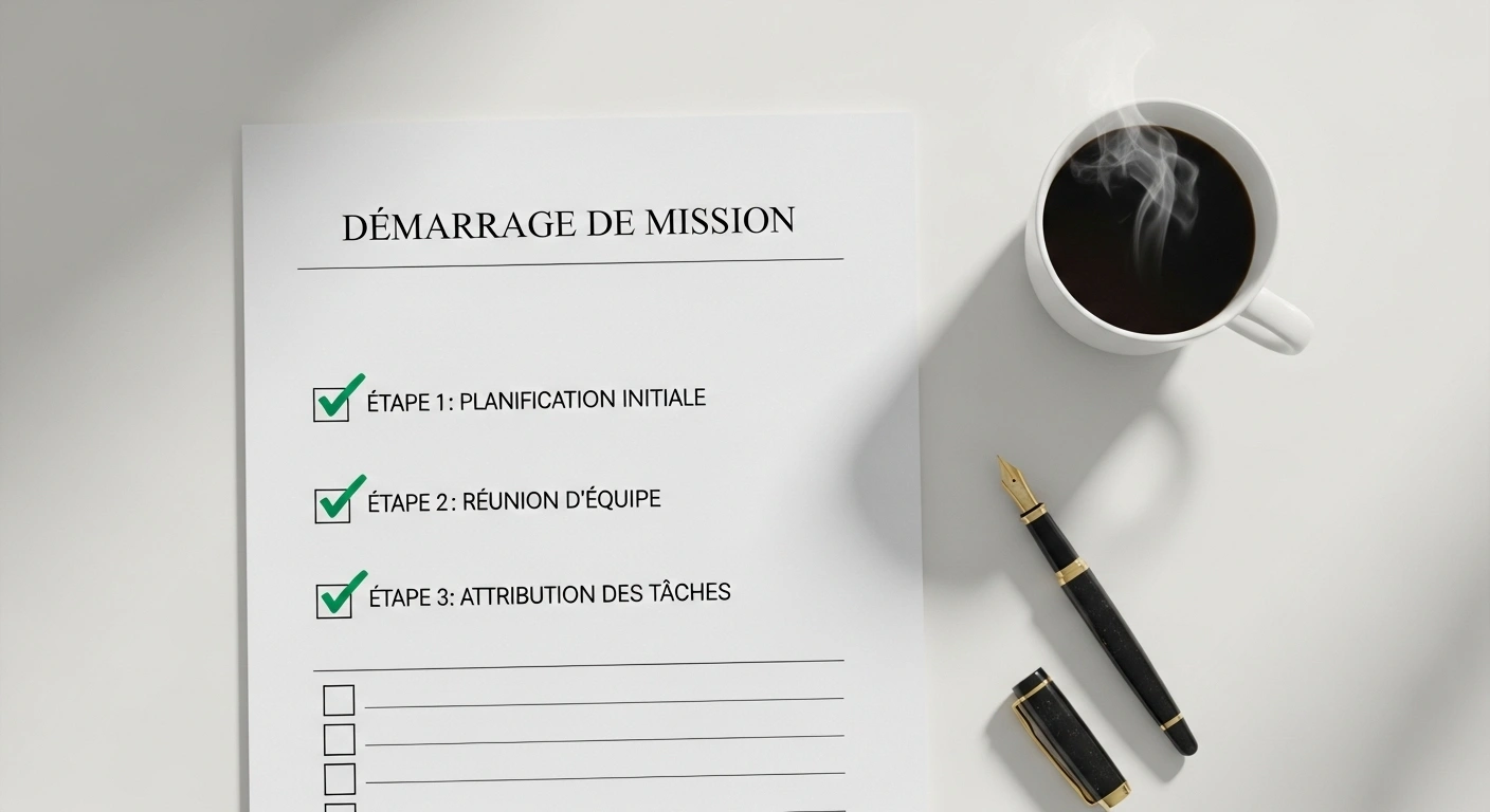 Checklist stylisée avec les premières cases cochées, symbolisant un départ de mission parfait
