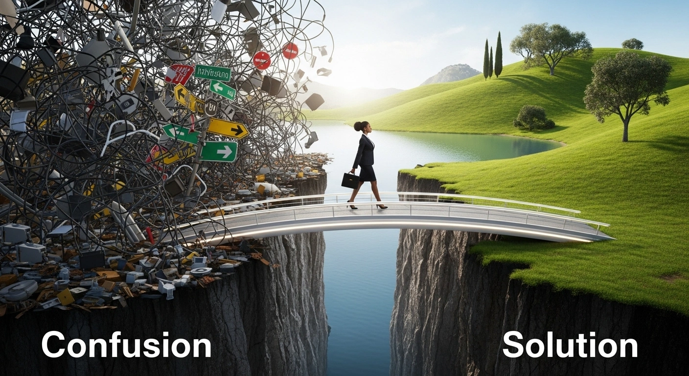 Un chemin unique et clair traversant un labyrinthe complexe, illustrant la clarté d'un message bien défini.