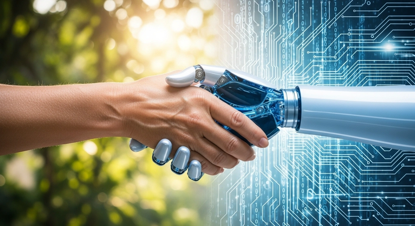 Un cœur humain lumineux émergeant d'un fond de circuits imprimés froids, symbolisant l'humanité face à l'IA.