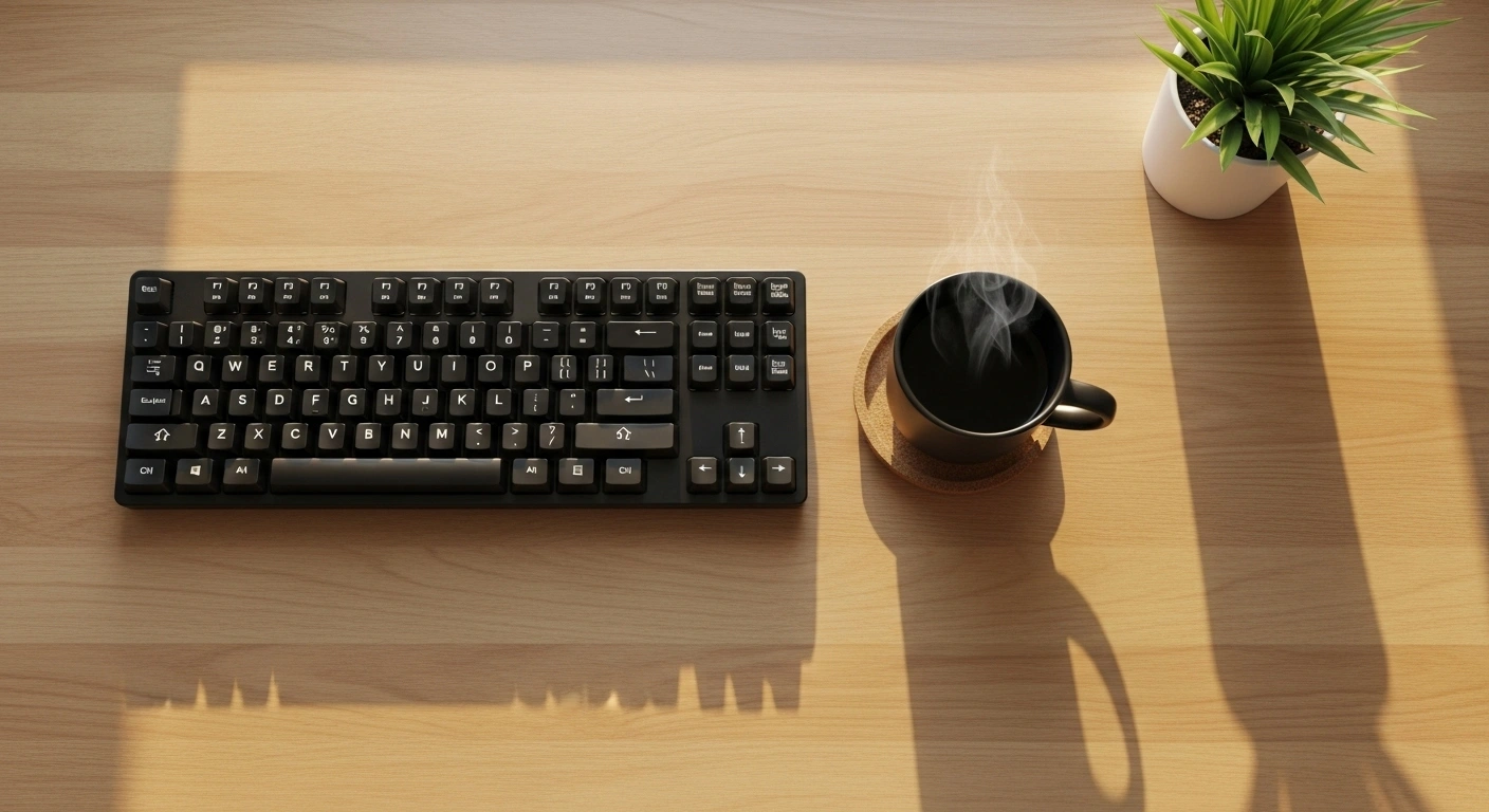 Clavier d'ordinateur à côté d'une tasse de café, symbolisant un processus calme et organisé.