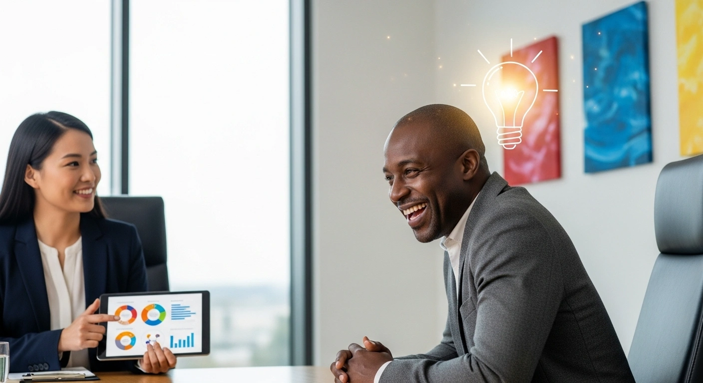 Client B2B ayant une prise de conscience en lisant une proposition de valeur claire sur un site web