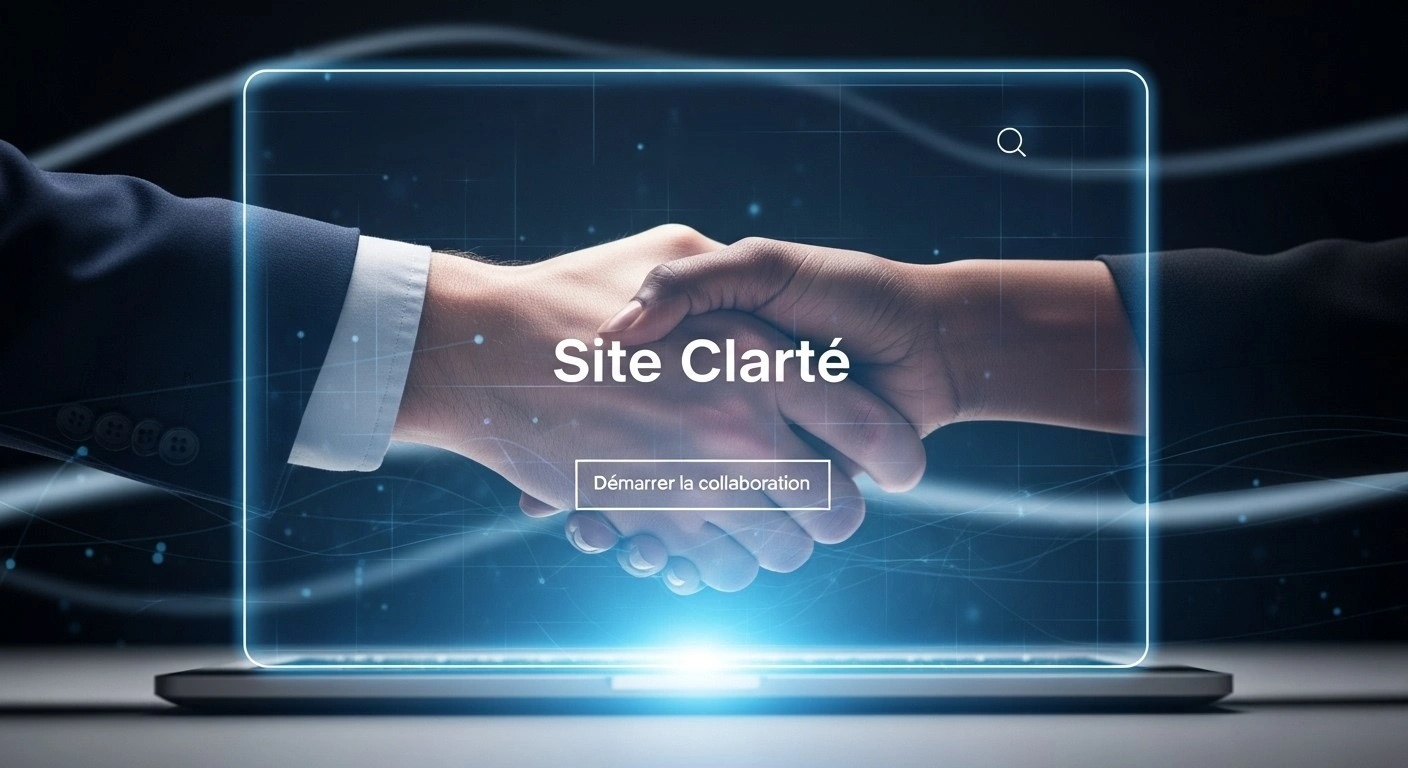 Poignée de main symbolisant un accord conclu, avec en arrière-plan un ordinateur portable affichant un Site Clarté.